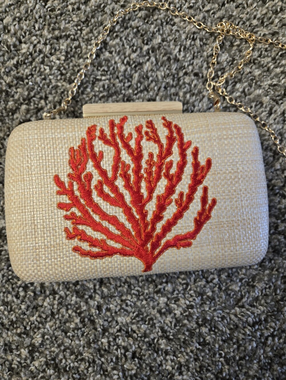New Shiraleah Under the sea Beige Straw Coral Embroidered Clutch with Gold Chain